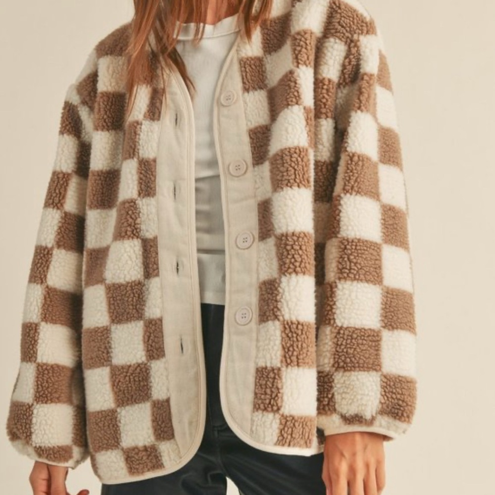 Miou Muse Brown and Cream Checkered Teddy Jacket
